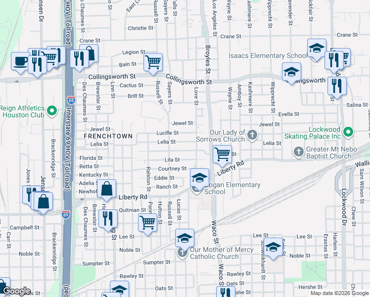 map of restaurants, bars, coffee shops, grocery stores, and more near 4037 Wylie Street in Houston