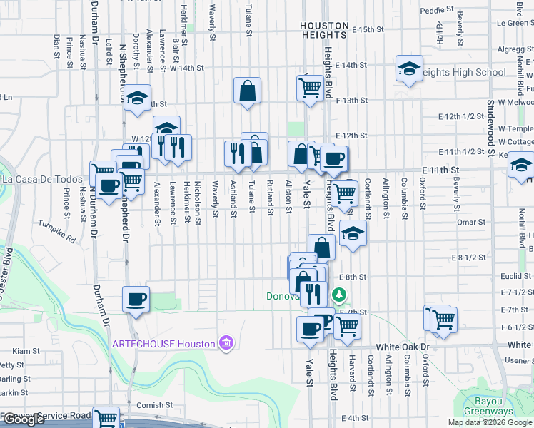 map of restaurants, bars, coffee shops, grocery stores, and more near 945 Rutland Street in Houston