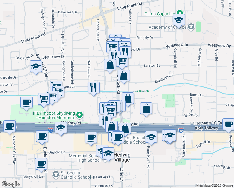 map of restaurants, bars, coffee shops, grocery stores, and more near 1180a Blalock Road in Houston