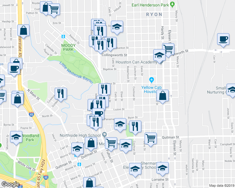 map of restaurants, bars, coffee shops, grocery stores, and more near 2911 Elser Street in Houston