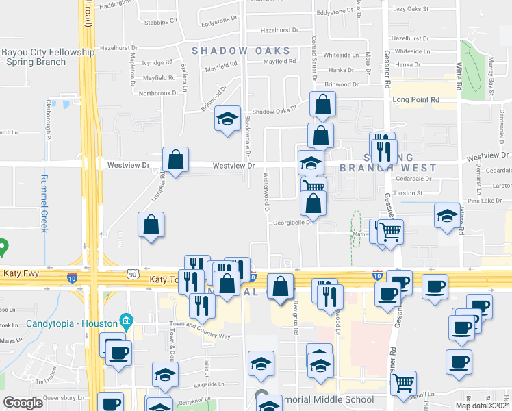 map of restaurants, bars, coffee shops, grocery stores, and more near 10310 Katy Fwy in Houston