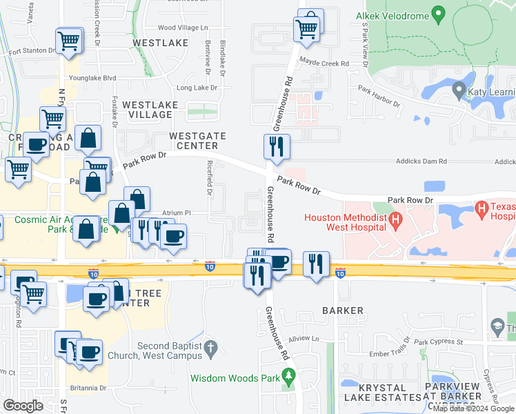 map of restaurants, bars, coffee shops, grocery stores, and more near Ricefield Drive in Houston