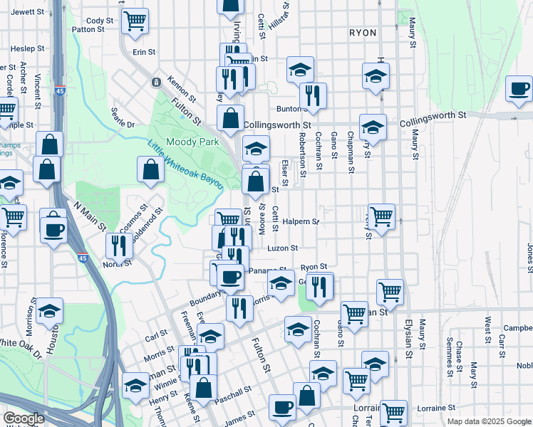map of restaurants, bars, coffee shops, grocery stores, and more near 2906 Moore Street in Houston