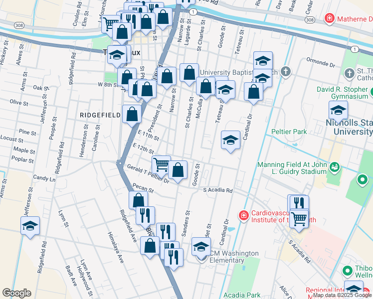 map of restaurants, bars, coffee shops, grocery stores, and more near 961 Saint Charles Street in Thibodaux