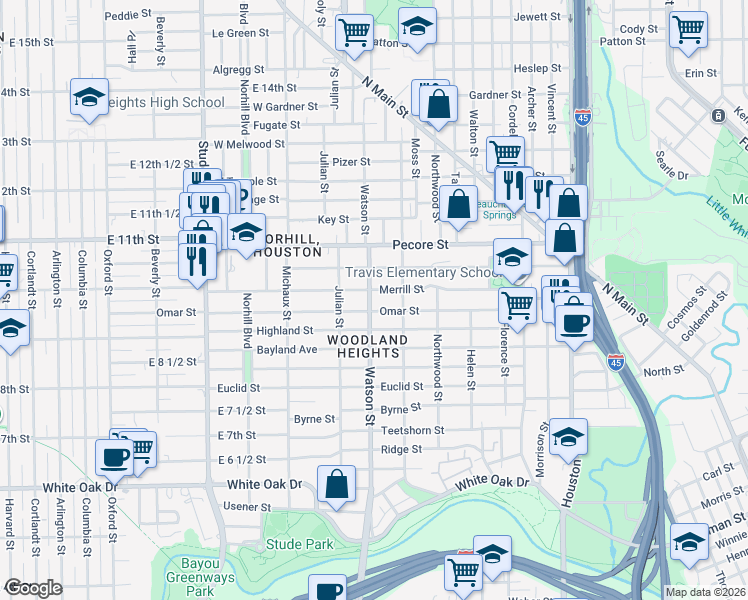 map of restaurants, bars, coffee shops, grocery stores, and more near 3414 Watson Street in Houston