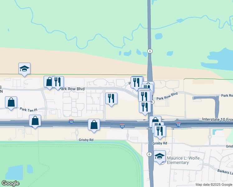 map of restaurants, bars, coffee shops, grocery stores, and more near 15115 Park Row Drive in Houston