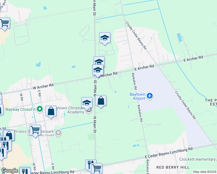 map of restaurants, bars, coffee shops, grocery stores, and more near 220 East Archer Road in Baytown