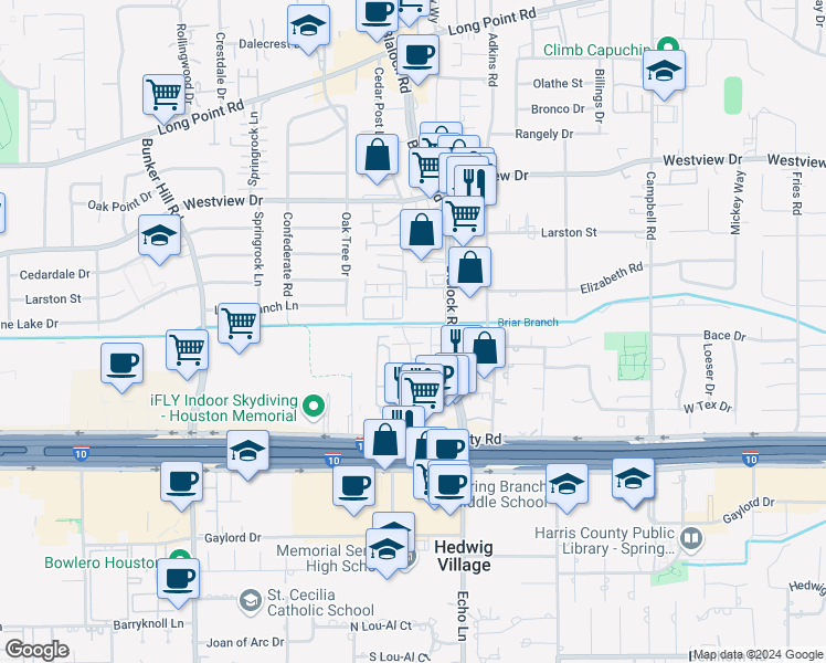 map of restaurants, bars, coffee shops, grocery stores, and more near 9 Cedar Post Lane in Houston