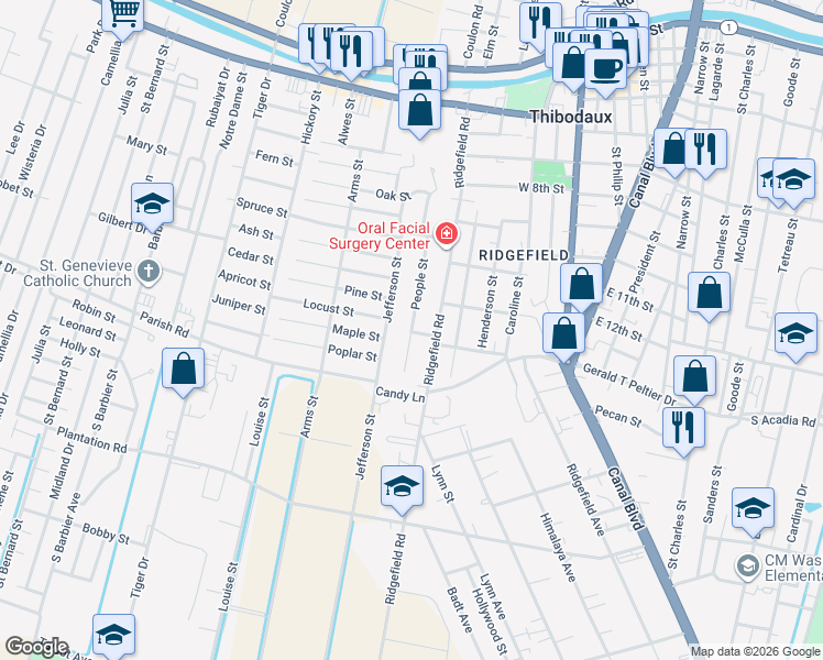 map of restaurants, bars, coffee shops, grocery stores, and more near 1030B People Street in Thibodaux