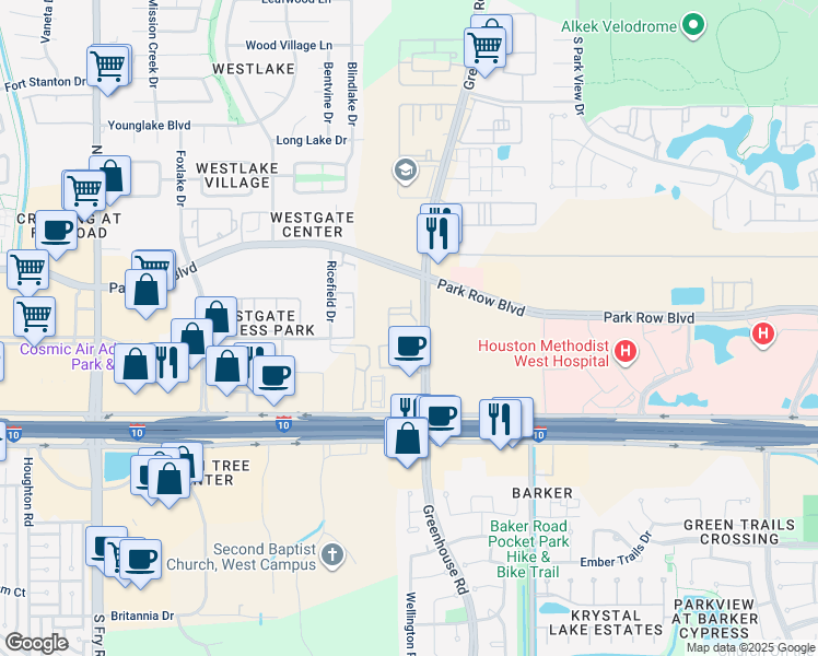 map of restaurants, bars, coffee shops, grocery stores, and more near 1721 Greenhouse Road in Houston