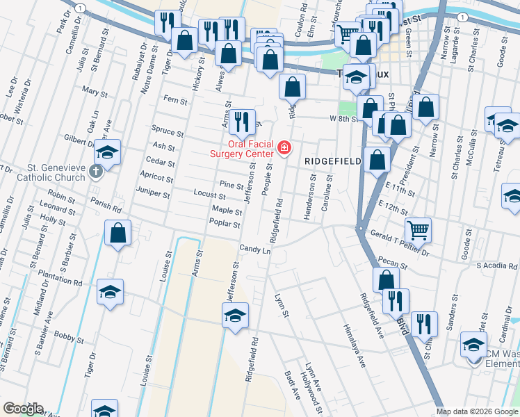 map of restaurants, bars, coffee shops, grocery stores, and more near 1030B People Street in Thibodaux