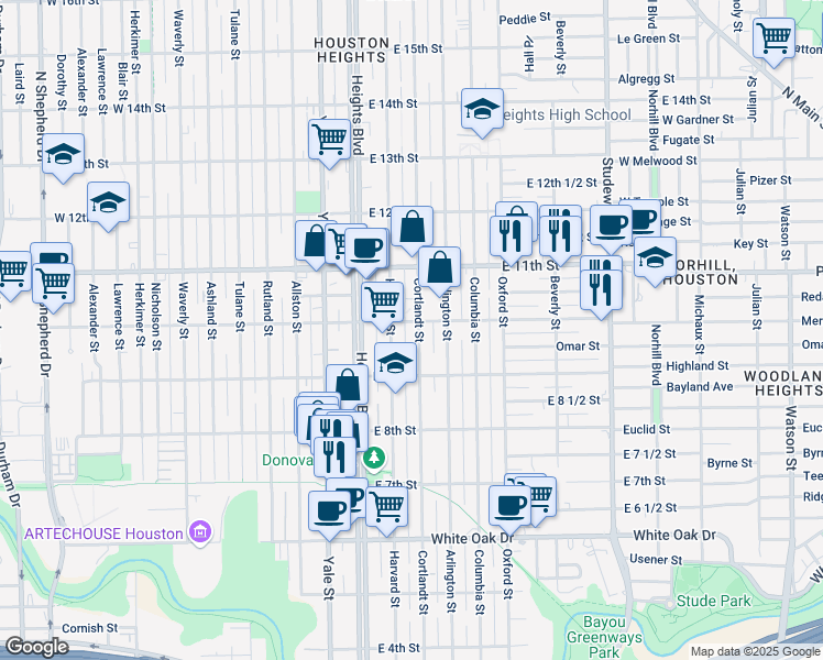 map of restaurants, bars, coffee shops, grocery stores, and more near 943 Cortlandt Street in Houston