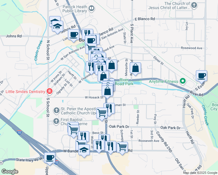 map of restaurants, bars, coffee shops, grocery stores, and more near 525 South Main Street in Boerne