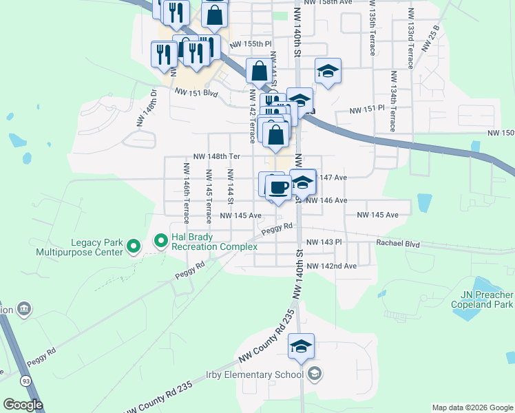 map of restaurants, bars, coffee shops, grocery stores, and more near 14515 Northwest 142 Terrace in Alachua