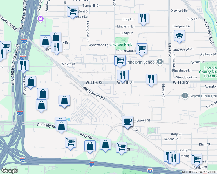 map of restaurants, bars, coffee shops, grocery stores, and more near 3507 Urban Woods Trail in Houston