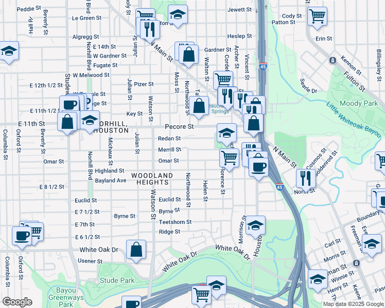 map of restaurants, bars, coffee shops, grocery stores, and more near 521 Omar Street in Houston