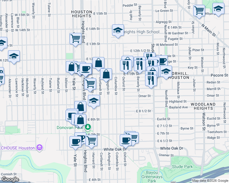 map of restaurants, bars, coffee shops, grocery stores, and more near 940 Arlington Street in Houston