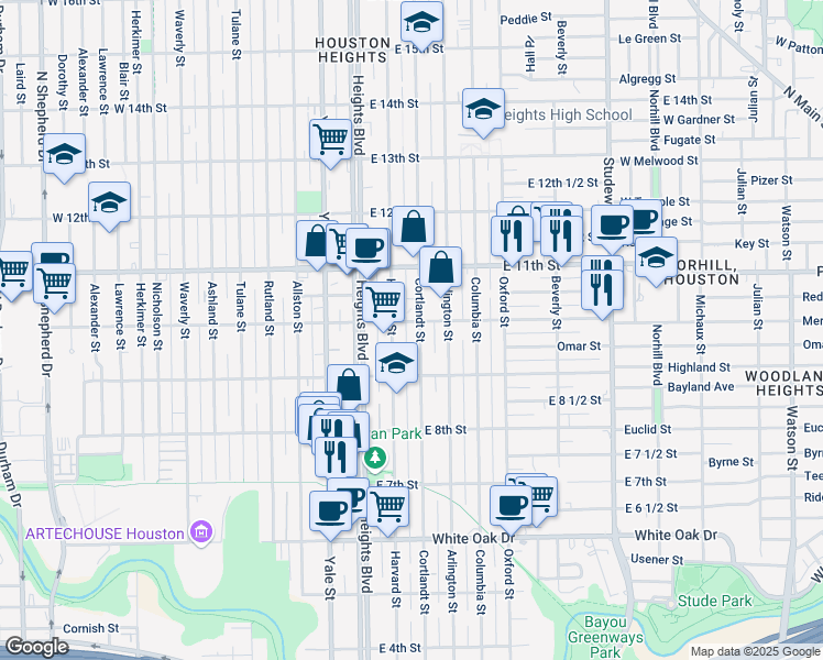 map of restaurants, bars, coffee shops, grocery stores, and more near 943 Cortlandt Street in Houston