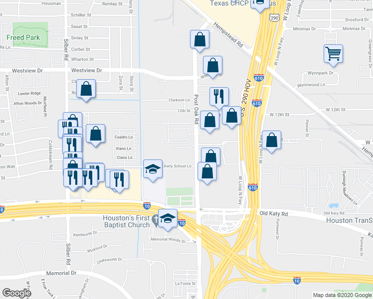 map of restaurants, bars, coffee shops, grocery stores, and more near 6040 Post Oak Green Lane in Houston