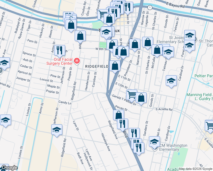 map of restaurants, bars, coffee shops, grocery stores, and more near 1060 Jackson Street in Thibodaux