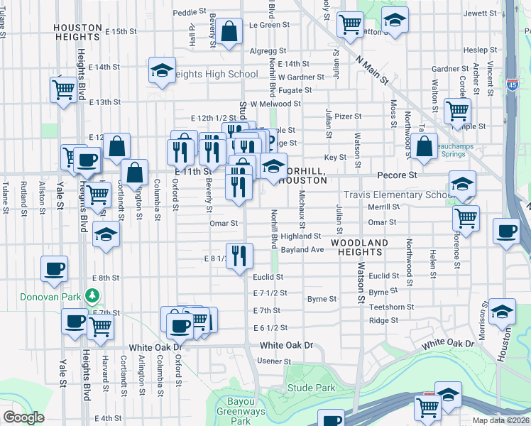 map of restaurants, bars, coffee shops, grocery stores, and more near 1108 Merrill Street in Houston