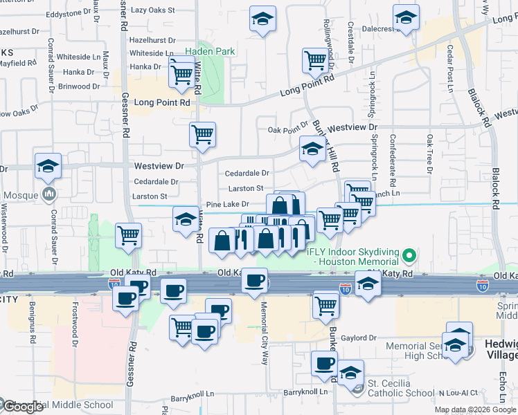 map of restaurants, bars, coffee shops, grocery stores, and more near 9813 Pine Lake Drive in Houston