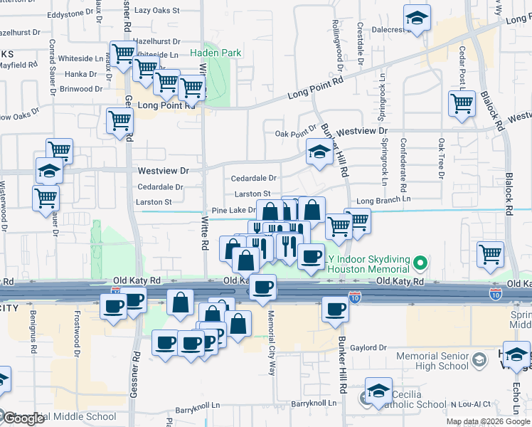 map of restaurants, bars, coffee shops, grocery stores, and more near 9813 Pine Lake Drive in Houston
