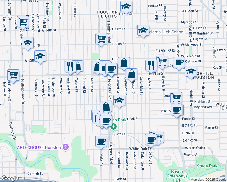 map of restaurants, bars, coffee shops, grocery stores, and more near 944 Heights Boulevard in Houston