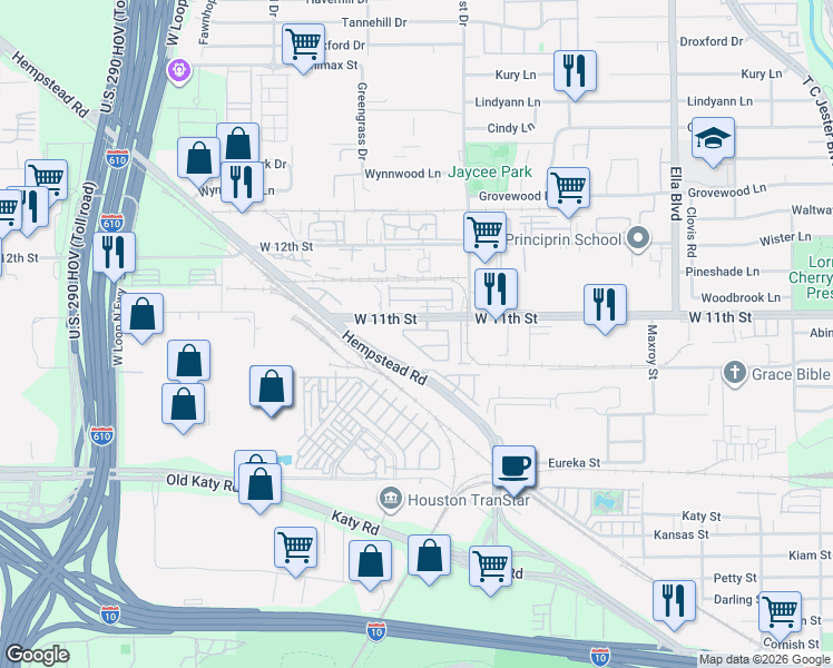 map of restaurants, bars, coffee shops, grocery stores, and more near 1039 Vaulted Oak Street in Houston