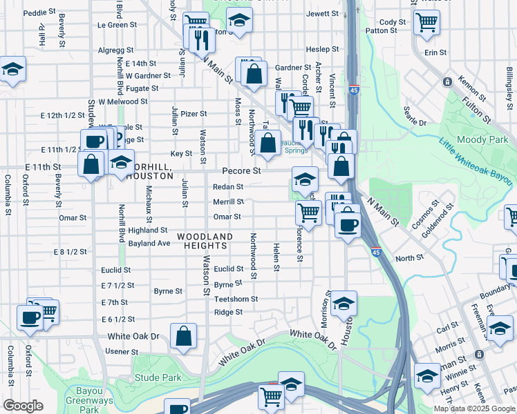 map of restaurants, bars, coffee shops, grocery stores, and more near 521 Omar Street in Houston