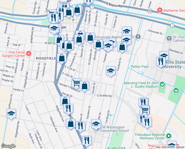 map of restaurants, bars, coffee shops, grocery stores, and more near Ell St in Thibodaux