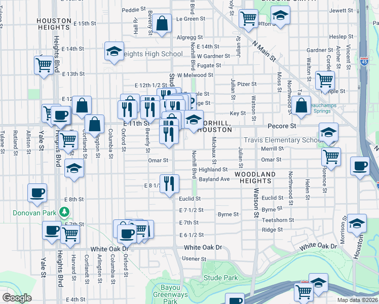 map of restaurants, bars, coffee shops, grocery stores, and more near 1108 Merrill Street in Houston