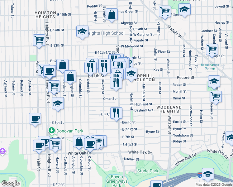 map of restaurants, bars, coffee shops, grocery stores, and more near 927 Studewood Street in Houston