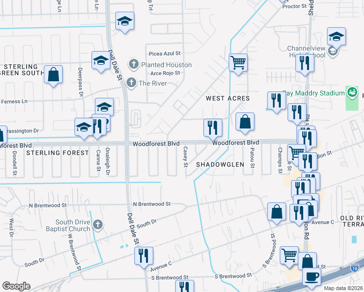 map of restaurants, bars, coffee shops, grocery stores, and more near 823 Greystone Street in Channelview