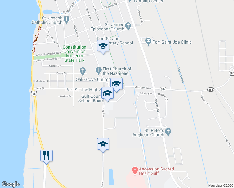 map of restaurants, bars, coffee shops, grocery stores, and more near 100 Shark Drive in Port St. Joe