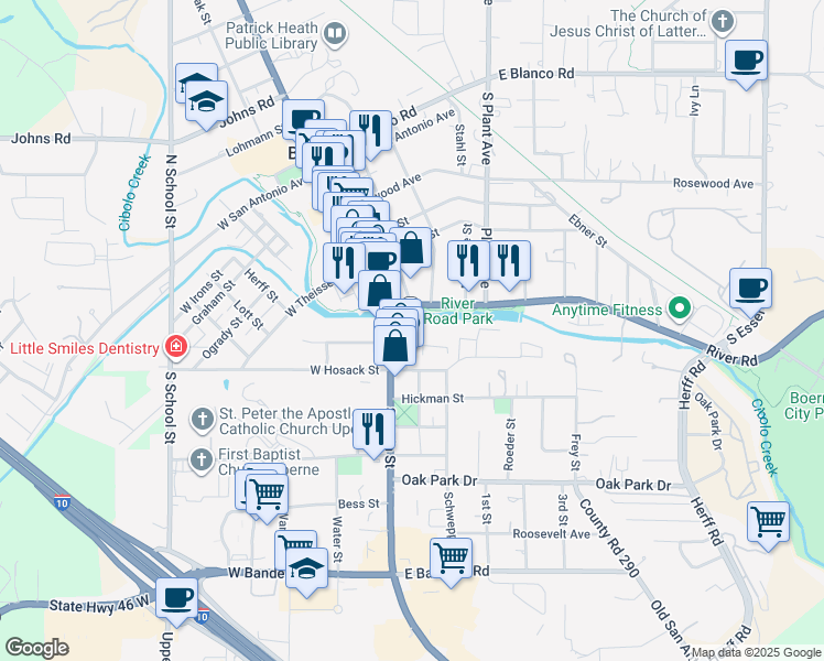 map of restaurants, bars, coffee shops, grocery stores, and more near 525 South Main Street in Boerne