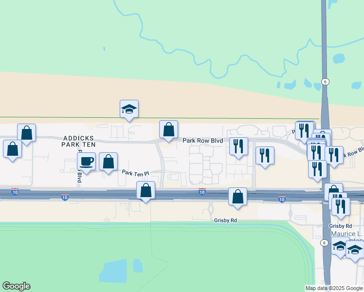 map of restaurants, bars, coffee shops, grocery stores, and more near 15721 Park Row in Houston