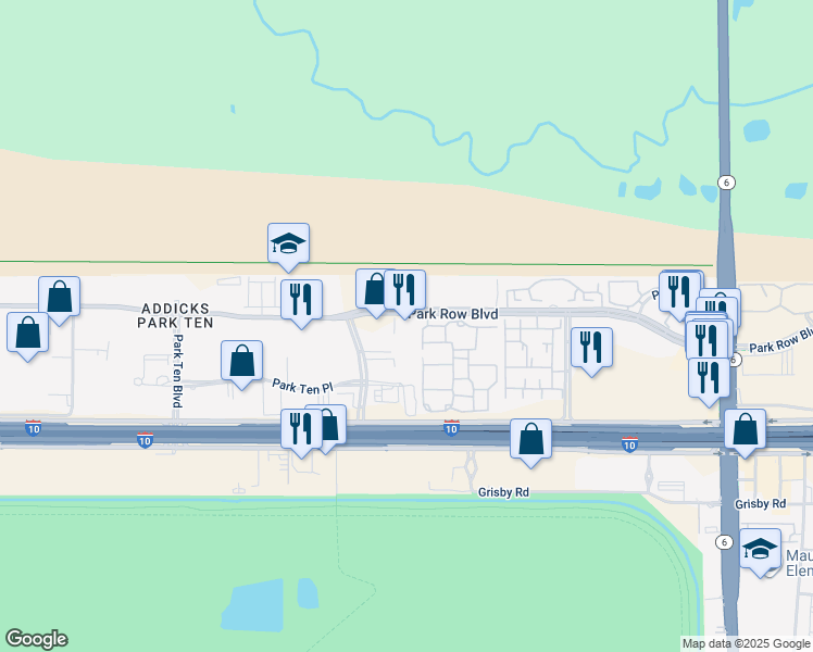 map of restaurants, bars, coffee shops, grocery stores, and more near 15721 Park Row Boulevard in Houston