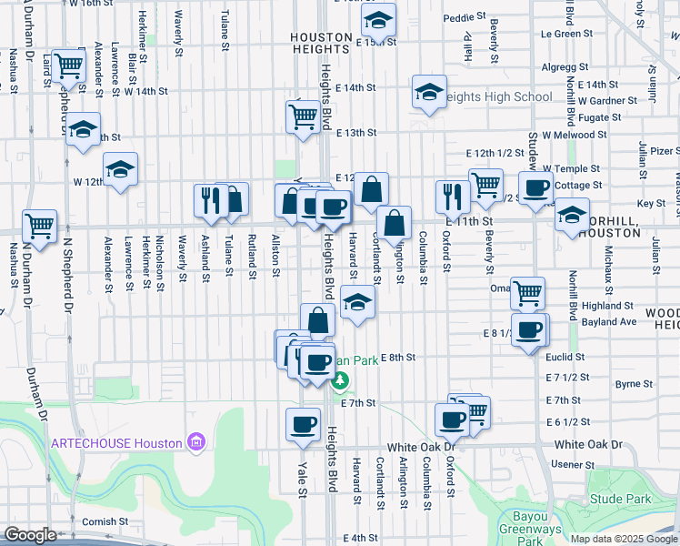 map of restaurants, bars, coffee shops, grocery stores, and more near 944 Heights Boulevard in Houston