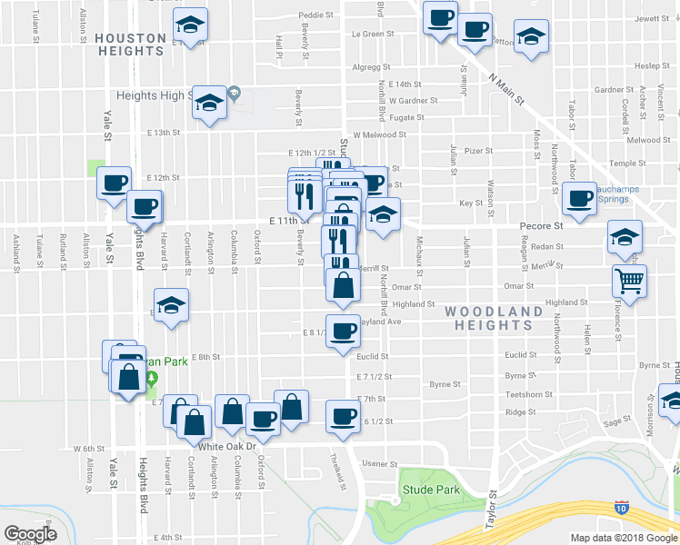 map of restaurants, bars, coffee shops, grocery stores, and more near 933 Studewood Street in Houston