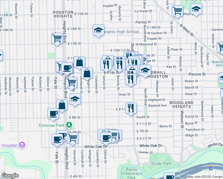 map of restaurants, bars, coffee shops, grocery stores, and more near 626 East 10th Street in Houston