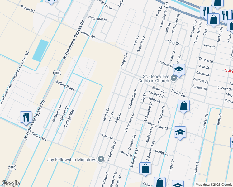 map of restaurants, bars, coffee shops, grocery stores, and more near 1201 Renee Drive in Thibodaux