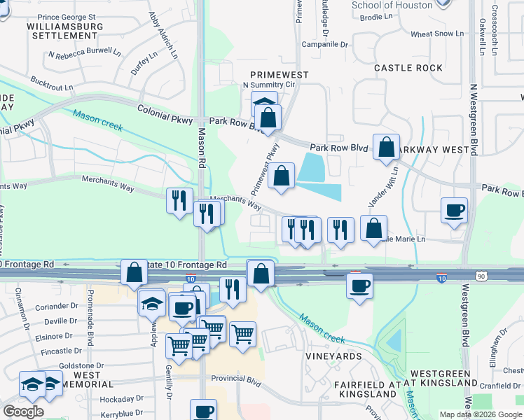 map of restaurants, bars, coffee shops, grocery stores, and more near 21850 Katy Freeway in Katy