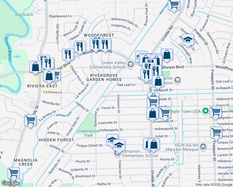 map of restaurants, bars, coffee shops, grocery stores, and more near 13214 Hollypark Drive in Houston