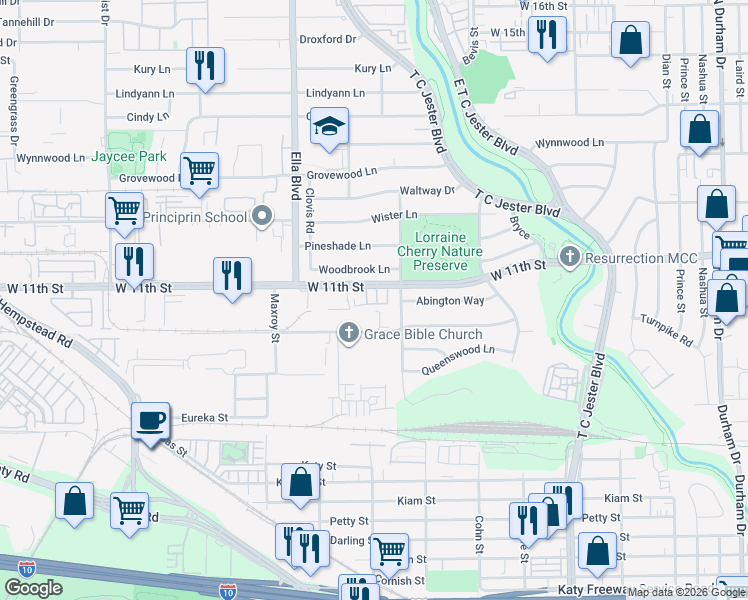 map of restaurants, bars, coffee shops, grocery stores, and more near 2501 West 11th Street in Houston