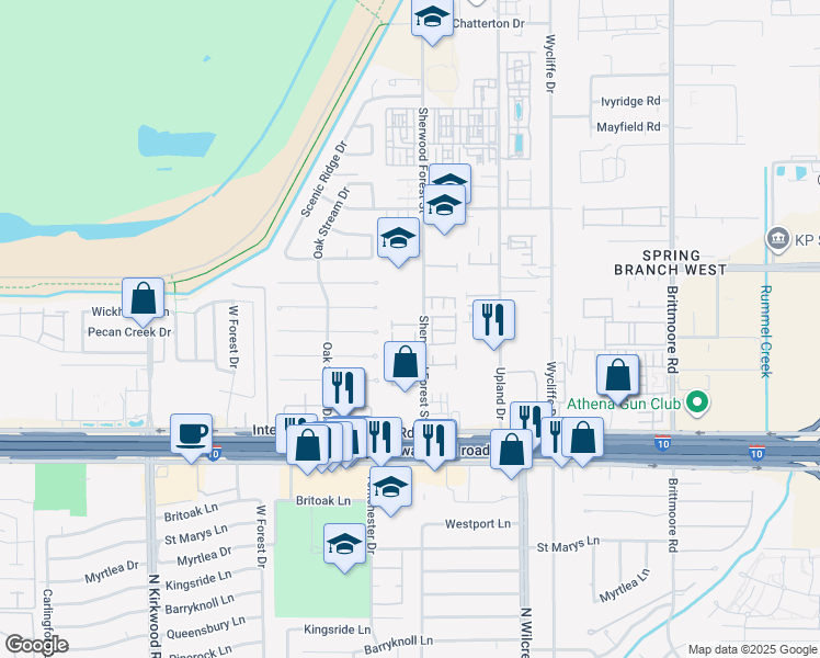 map of restaurants, bars, coffee shops, grocery stores, and more near 1109 Oakmont Glen Court in Houston