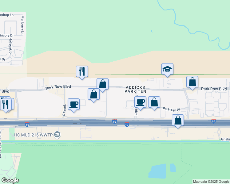 map of restaurants, bars, coffee shops, grocery stores, and more near 16555 Park Row in Houston