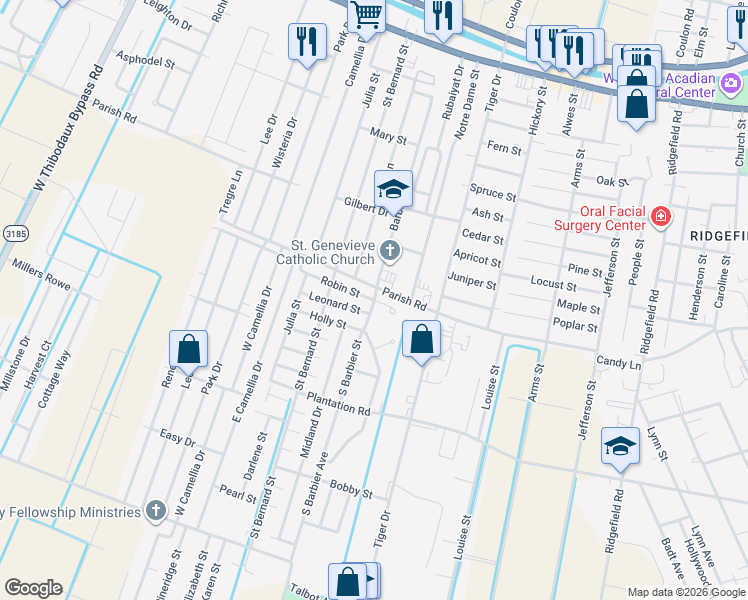 map of restaurants, bars, coffee shops, grocery stores, and more near 101 Robin Street in Thibodaux