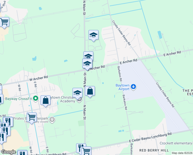map of restaurants, bars, coffee shops, grocery stores, and more near 220 East Archer Road in Baytown