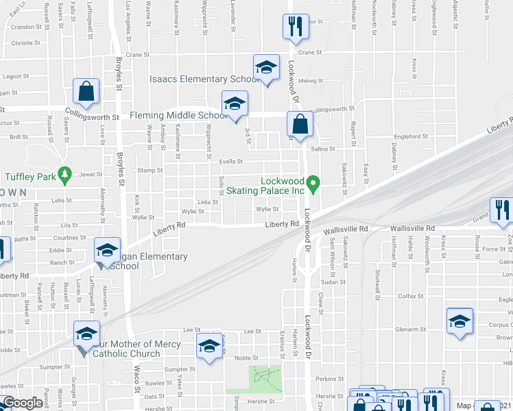 map of restaurants, bars, coffee shops, grocery stores, and more near 5107 Wylie Street in Houston